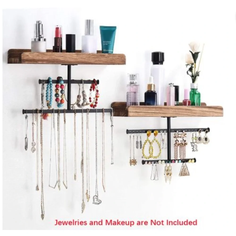 Modern Wood & Metal Wall Mounted Hanging Jewelry Shelves